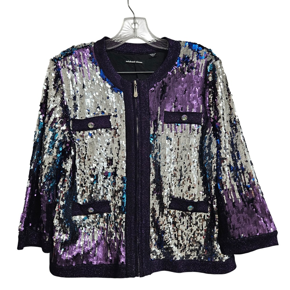 Disco Party Retro Glam Bold Sequin Jacket Womens Lg Purple Silver Michael‎ Simon